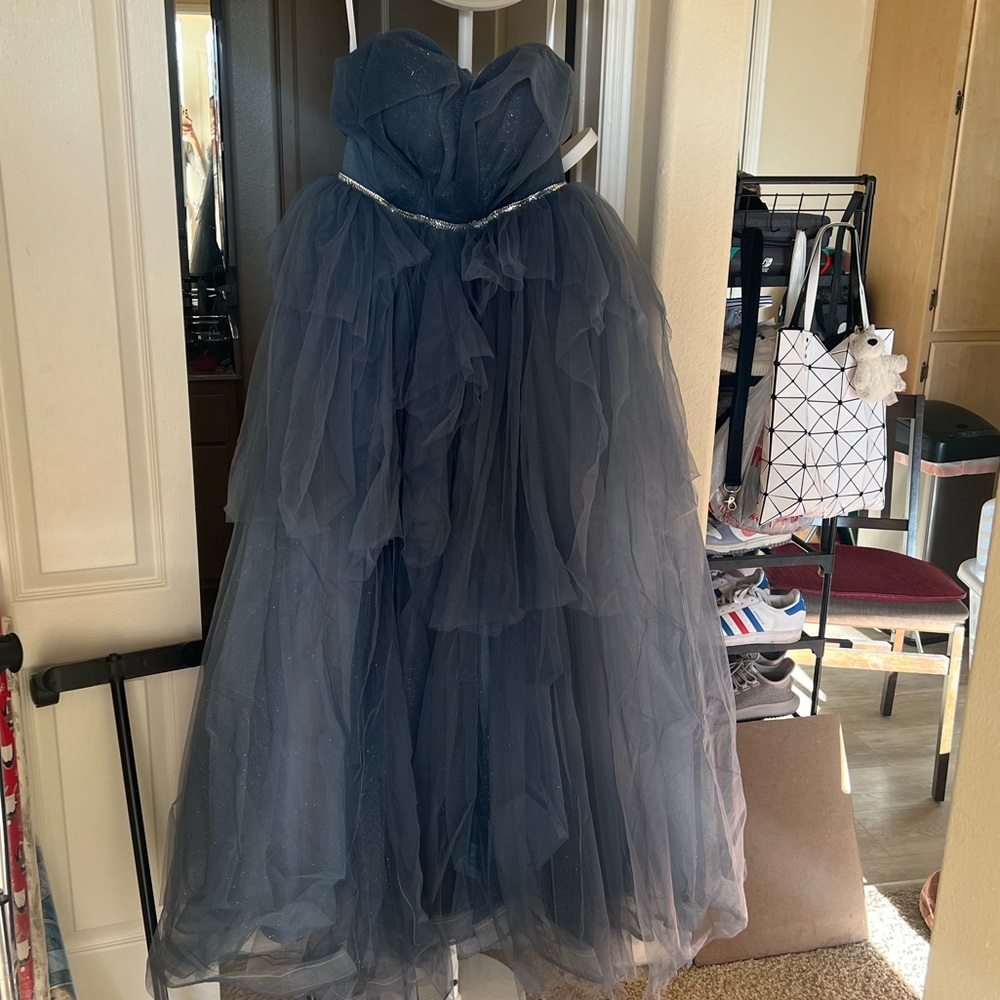 Brand New Elegant Blue Tulle Gown with Lace-up Back